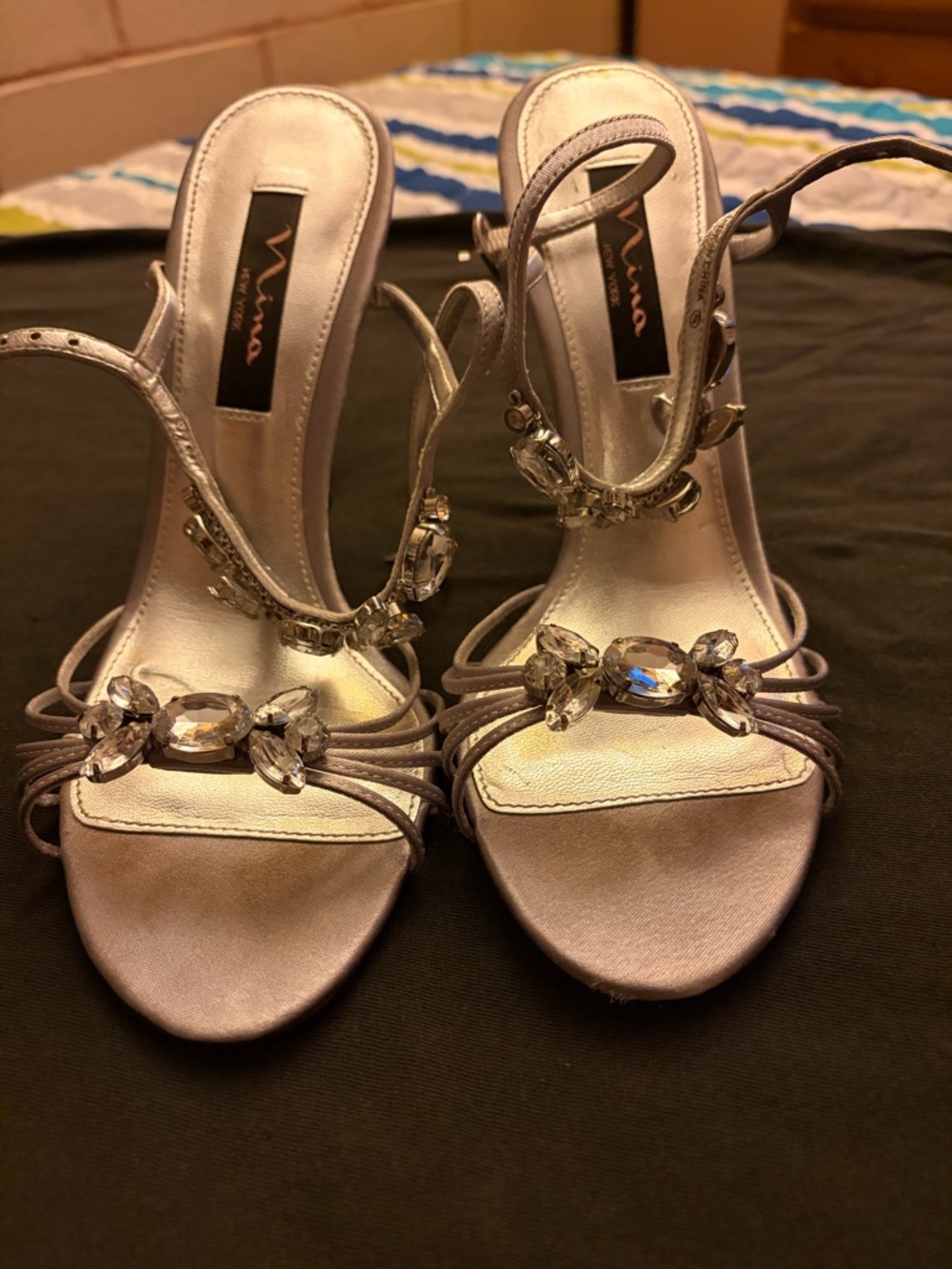 Nina Silver Crystal-Strap Evening Sandals